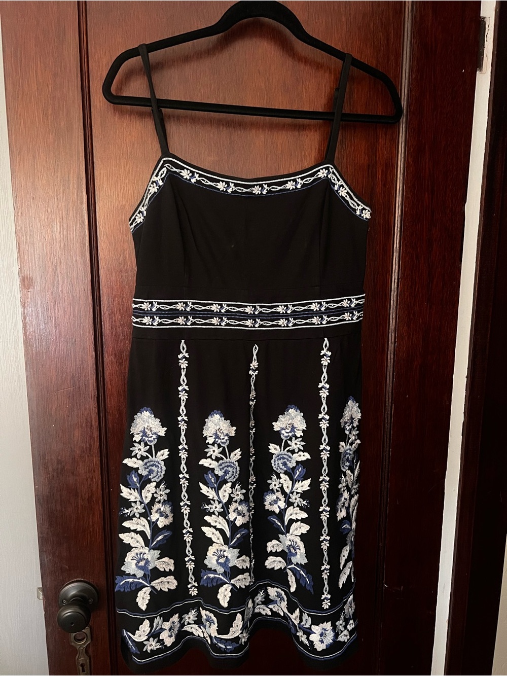 INC International Concepts Black Dress with White & Navy Floral Embroidery